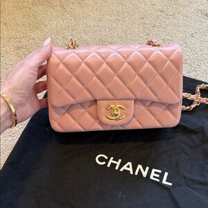 CHANEL Pink Quilted Lambskin Mini Flap Bag with Gold Chain